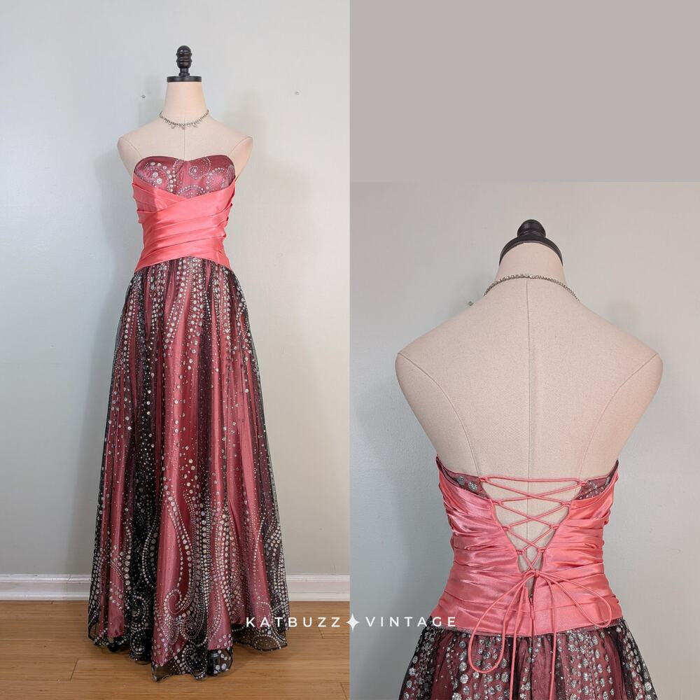 Vintage Prom Dress Maxi Gown 4 Pink Peach Black Y2K Hoco Lace Glam Goth Dance